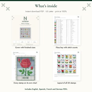 Puede incluir: Un conjunto de patrones digitales de punto de cruz titulado Flower Stamps, que incluye una portada, una clave de hilos con recuento de puntadas, gr&aacute;ficos individuales para cada uno de los 20 dise&ntilde;os florales y una p&aacute;gina con el dise&ntilde;o completo.