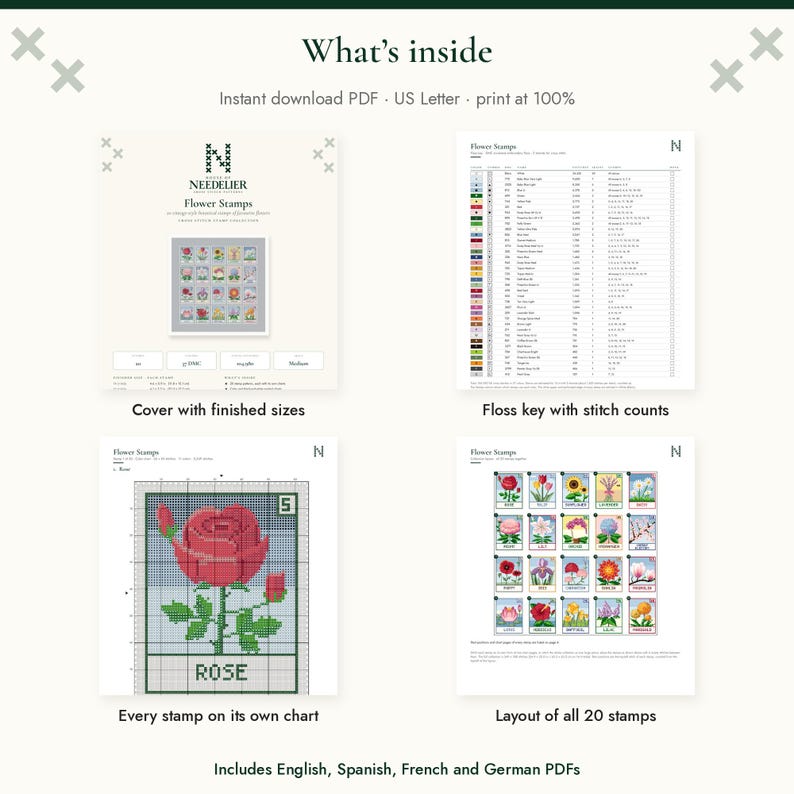 Puede incluir: Un conjunto de patrones digitales de punto de cruz titulado Flower Stamps, que incluye una portada, una clave de hilos con recuento de puntadas, gr&aacute;ficos individuales para cada uno de los 20 dise&ntilde;os florales y una p&aacute;gina con el dise&ntilde;o completo.