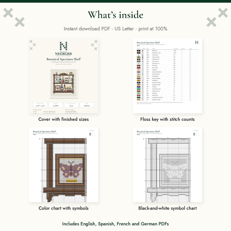 May include: A digital cross-stitch pattern titled Botanical Specimen Shelf, featuring a cover page with finished sizes, a floss key with stitch counts, a colour chart with symbols, and a black-and-white symbol chart for the design.