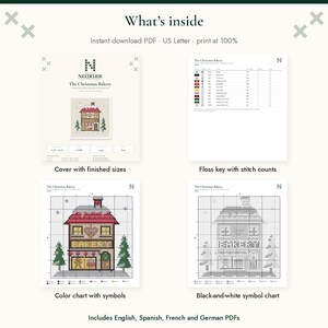 May include: A digital cross-stitch pattern titled The Christmas Bakery, featuring a cover page, a floss key with stitch counts, a color chart with symbols, and a black-and-white symbol chart. The design depicts a two-story bakery building.