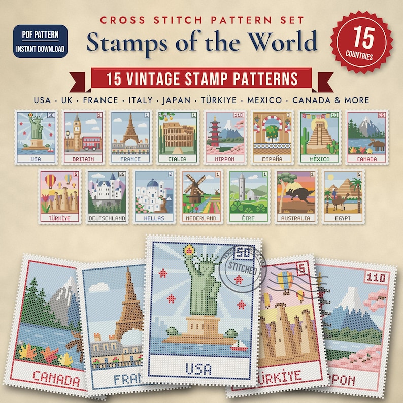 May include: A cross stitch pattern set titled Stamps of the World featuring 15 vintage stamp patterns from various countries including the USA, UK, France, Italy, Japan, T&uuml;rkiye, Mexico, and Canada. The digital PDF includes colorful pixelated illustrations of landmarks and cultural icons.