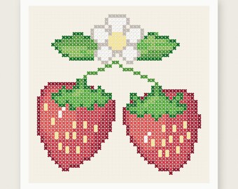 May include: A cross stitch pattern featuring two red strawberries with green leaves and a white flower with a yellow center. The design is set against a light cream grid background. The text HOUSE OF NEEDELIER CROSS STITCH PATTERNS is at the bottom.