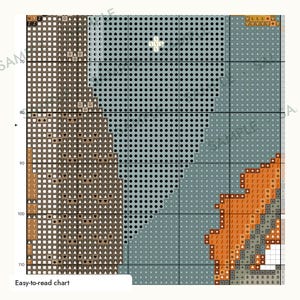 May include: A cross stitch pattern chart featuring a grid with various symbols representing colors. The design includes sections of brown, black, light blue, and orange blocks. The text "Easy-to-read chart" is printed in the bottom left corner.
