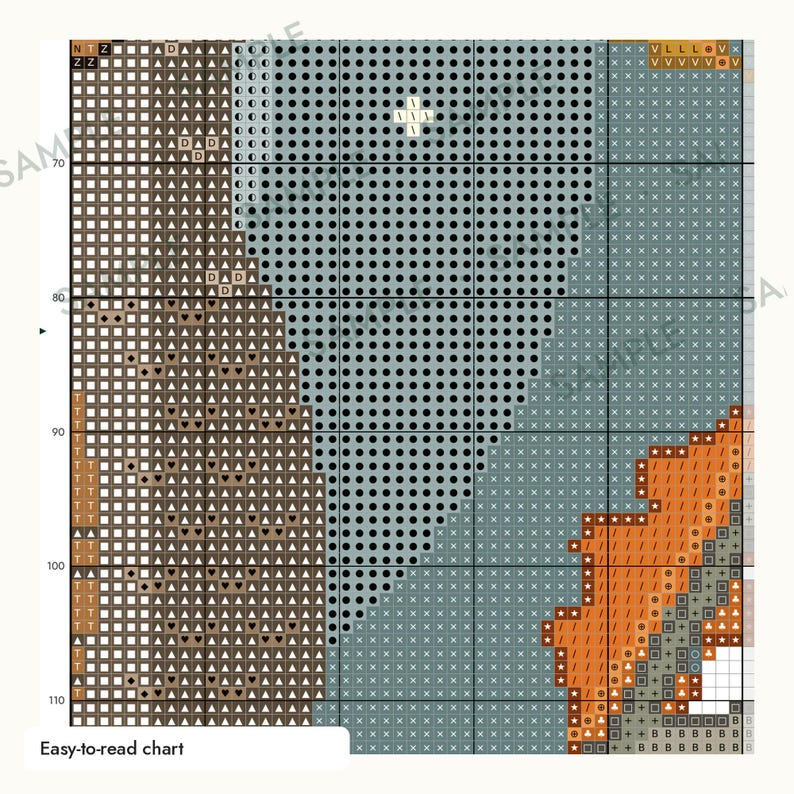 May include: A cross stitch pattern chart featuring a grid with various symbols representing colors. The design includes sections of brown, black, light blue, and orange blocks. The text "Easy-to-read chart" is printed in the bottom left corner.