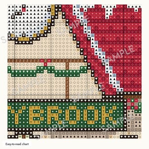 May include: A cross-stitch pattern chart featuring a grid of symbols and letters. The design includes sections of red, green, and cream colors, with a prominent green horizontal band containing the yellow letters spelling out BROOK.