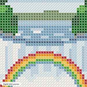 May include: A cross-stitch pattern featuring a vibrant rainbow arching over a light blue body of water, flanked by dark green trees on both sides. The design is set against a white grid background with the text Digital stitch preview.