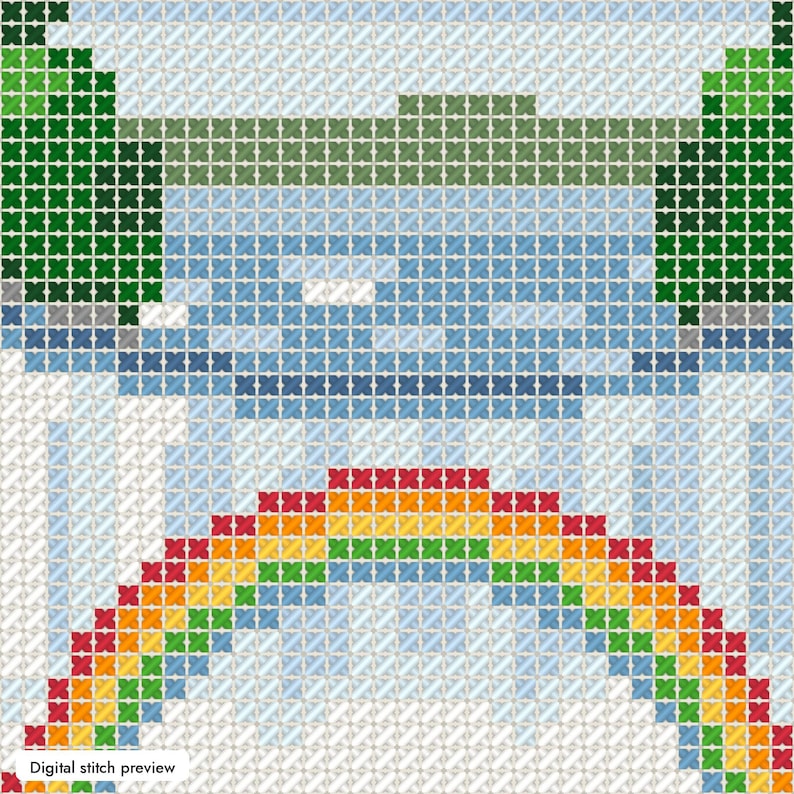 May include: A cross-stitch pattern featuring a vibrant rainbow arching over a light blue body of water, flanked by dark green trees on both sides. The design is set against a white grid background with the text Digital stitch preview.
