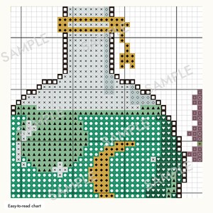 Op de afbeelding: Een kruissteekpatroon met een toverdrankflesje. Het raster toont symbolen voor de kleuren lichtgroen, donkergroen, wit en goud. Een paars rookelement bevindt zich aan de rechterkant. De tekst "Easy-to-read chart" is duidelijk zichtbaar.