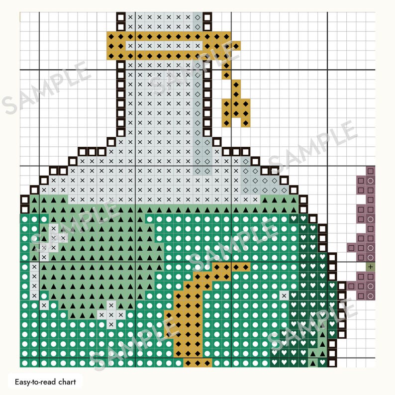 Op de afbeelding: Een kruissteekpatroon met een toverdrankflesje. Het raster toont symbolen voor de kleuren lichtgroen, donkergroen, wit en goud. Een paars rookelement bevindt zich aan de rechterkant. De tekst "Easy-to-read chart" is duidelijk zichtbaar.