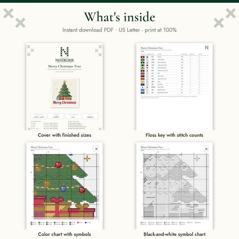 May include: A digital cross-stitch pattern titled Merry Christmas Tree, featuring a cover page with finished sizes, a floss key with stitch counts, a color chart with symbols, and a black-and-white symbol chart for an instant download PDF.