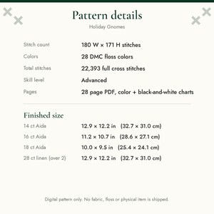 May include: A digital cross stitch pattern titled Holiday Gnomes. Details include 180 W x 171 H stitches, 28 DMC floss colors, 22,393 full cross stitches, advanced skill level, and a 28-page PDF with color and black-and-white charts.