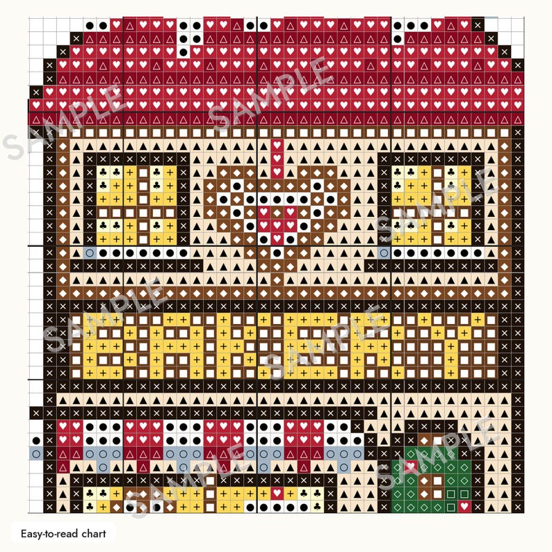 May include: A cross-stitch pattern chart featuring a bakery building design. The grid displays a red roof, two windows, a central heart, the word BAKERY in yellow, and a striped awning over a storefront with a green door, all using symbols.
