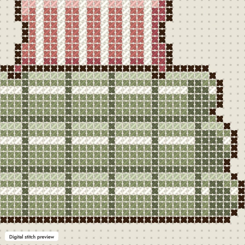 May include: A cross-stitch pattern featuring a rectangular section with a green and white plaid design and a smaller top section with vertical pink and white stripes. The entire design is outlined in dark brown stitches on a light fabric background.