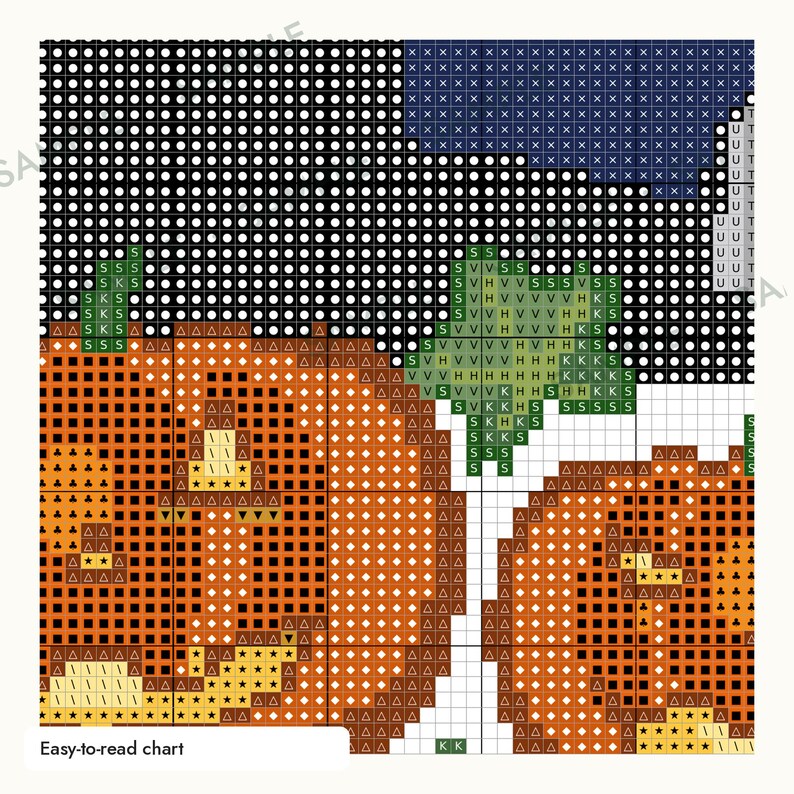 May include: A cross-stitch pattern chart featuring two orange pumpkins with green stems against a black background. The grid displays symbols and letters including S, V, H, K, and U, with the text Easy-to-read chart visible in the bottom corner.