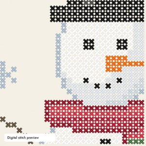 May include: A cross-stitch pattern featuring a snowman wearing a black hat and a red scarf. The snowman has a bright orange carrot nose, black stitched eyes, and a black stitched mouth. A light blue snowflake is visible to the left of the snowman.