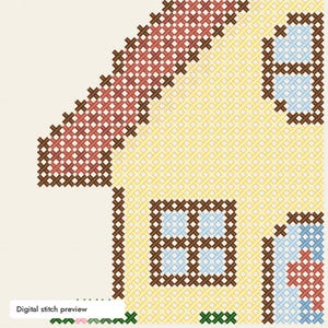 May include: A cross-stitch pattern featuring a house with yellow walls, a red roof, and light blue windows outlined in dark brown thread. The design includes small green stitches at the base representing grass and the text Digital stitch preview.