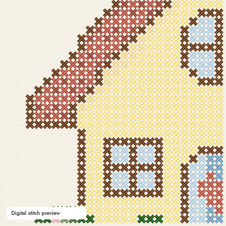 May include: A cross-stitch pattern featuring a house with yellow walls, a red roof, and light blue windows outlined in dark brown thread. The design includes small green stitches at the base representing grass and the text Digital stitch preview.