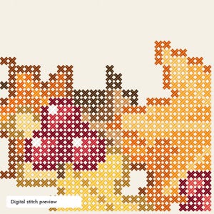 May include: A digital cross-stitch pattern preview featuring a grid of X-shaped stitches in shades of orange, yellow, brown, and deep red. The design includes a cluster of red berries with white highlights and a light cream background.