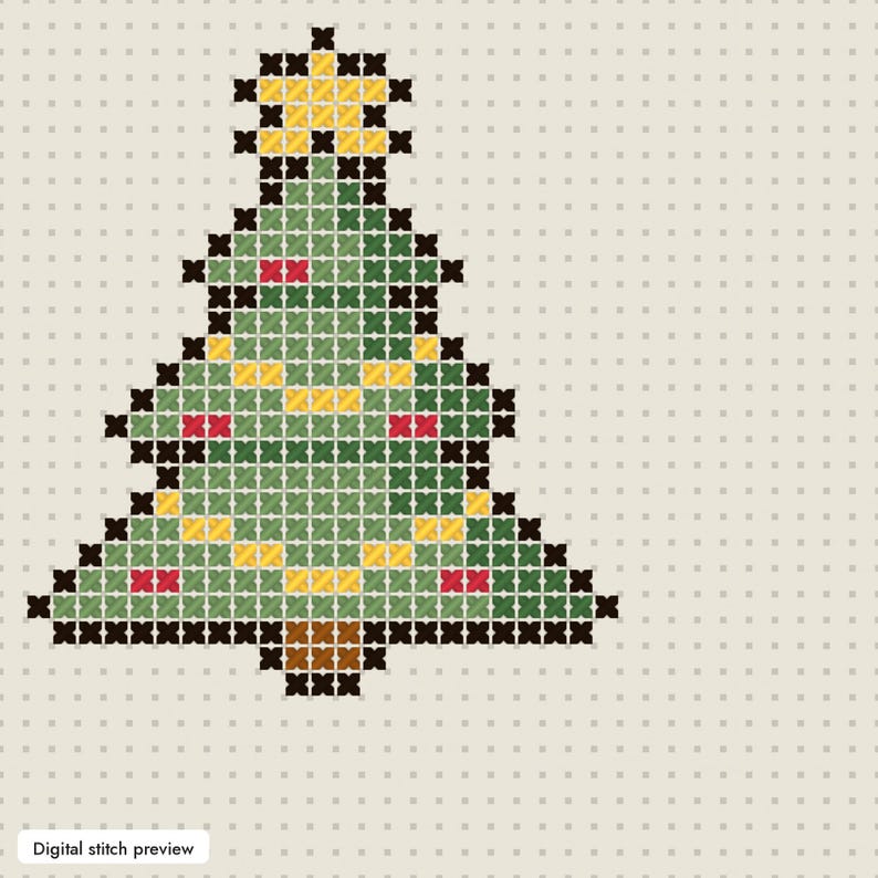 May include: A cross-stitch pattern of a Christmas tree on a light beige grid background. The tree is composed of dark green, light green, yellow, and red stitches with a black outline and a brown trunk. A yellow star sits at the top.