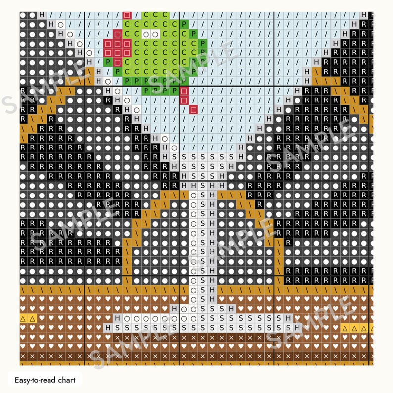 May include: A cross-stitch pattern chart featuring a martini glass with a green olive on a toothpick. The grid displays symbols and letters including H, O, P, R, S, and C against a light blue background, with dark areas and brown sections.