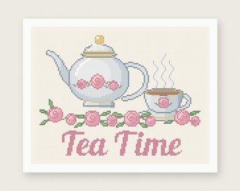 May include: A cross stitch pattern featuring a white teapot and teacup decorated with pink roses and green leaves. The design includes steam rising from the cup, a garland of pink roses, and the text Tea Time in pink. PDF pattern instant download.