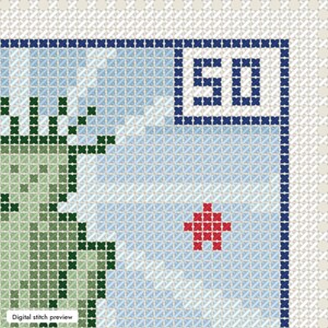 May include: A cross-stitch pattern on white Aida cloth featuring a light green figure on the left, a blue sky background, a red star, and the number 50 in a dark blue square frame. The design includes a dark blue border and a white edge.