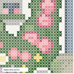 Puede incluir: Un patr&oacute;n de punto de cruz con un fondo de follaje verde denso, racimos de flores rosas, peque&ntilde;os acentos amarillos y un borde blanco. El dise&ntilde;o incluye una estructura gris en la esquina superior izquierda y el texto Digital stitch preview.