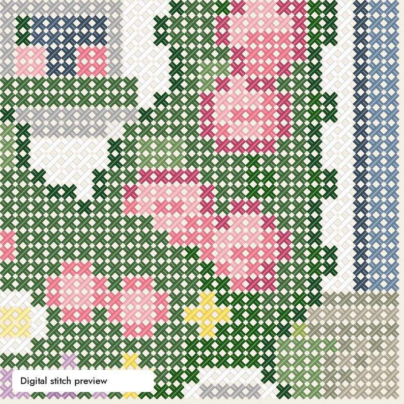Puede incluir: Un patr&oacute;n de punto de cruz con un fondo de follaje verde denso, racimos de flores rosas, peque&ntilde;os acentos amarillos y un borde blanco. El dise&ntilde;o incluye una estructura gris en la esquina superior izquierda y el texto Digital stitch preview.
