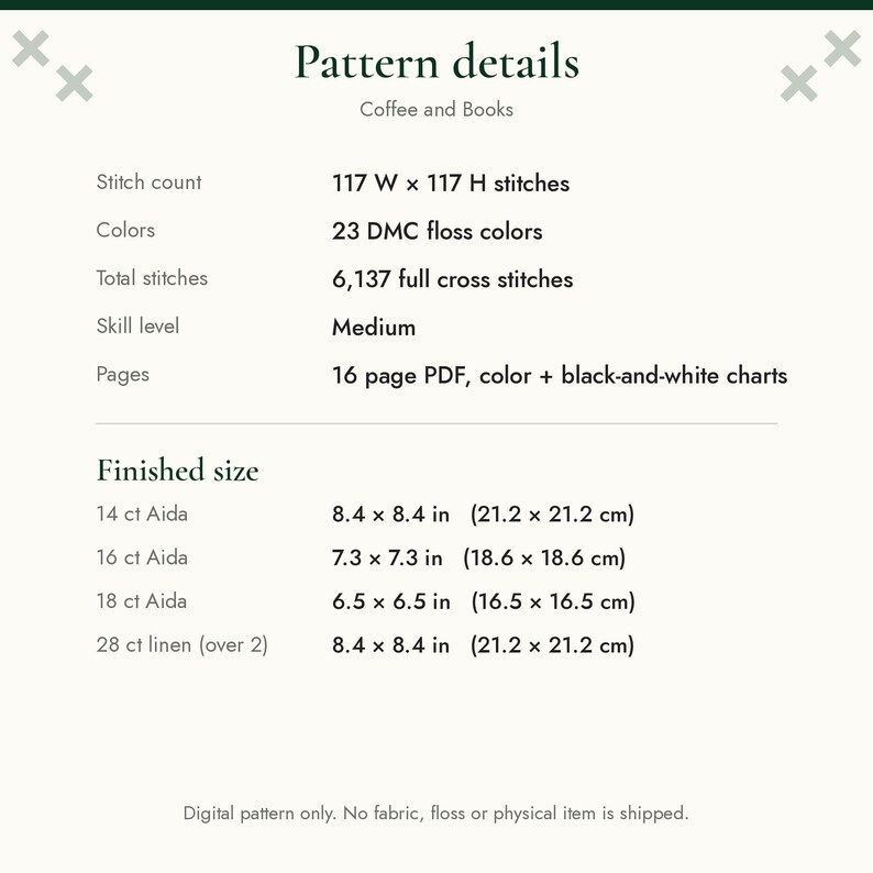 May include: A digital cross stitch pattern titled Coffee and Books. Details include 117 by 117 stitches, 23 DMC floss colors, 6,137 full cross stitches, medium skill level, and a 16-page PDF. Finished sizes for 14, 16, 18 ct Aida and 28 ct linen are listed.