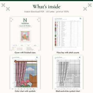 May include: A digital cross-stitch pattern titled Cat in the Window, featuring an instant download PDF for US Letter paper. Includes a cover page with finished sizes, a floss key with stitch counts, a color chart with symbols, and a black-and-white symbol chart.