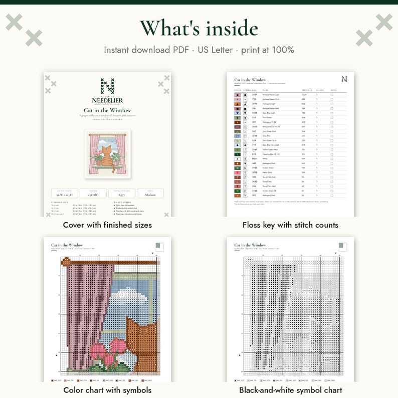 May include: A digital cross-stitch pattern titled Cat in the Window, featuring an instant download PDF for US Letter paper. Includes a cover page with finished sizes, a floss key with stitch counts, a color chart with symbols, and a black-and-white symbol chart.