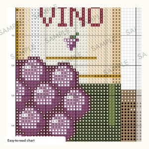 May include: A cross-stitch pattern chart featuring a cluster of purple grapes and the text VINO in dark red letters. The grid design uses various symbols like triangles, squares, and letters to represent colors for stitching on fabric.