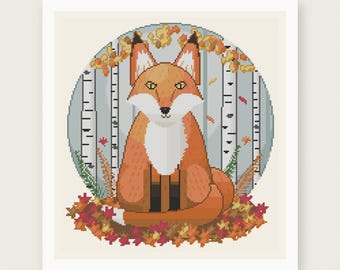 May include: A cross stitch pattern featuring a fox sitting in a forest of birch trees with autumn leaves. The design is circular and includes the text PDF PATTERN INSTANT DOWNLOAD at the top and HOUSE OF NEEDELIER CROSS STITCH PATTERNS at the bottom.