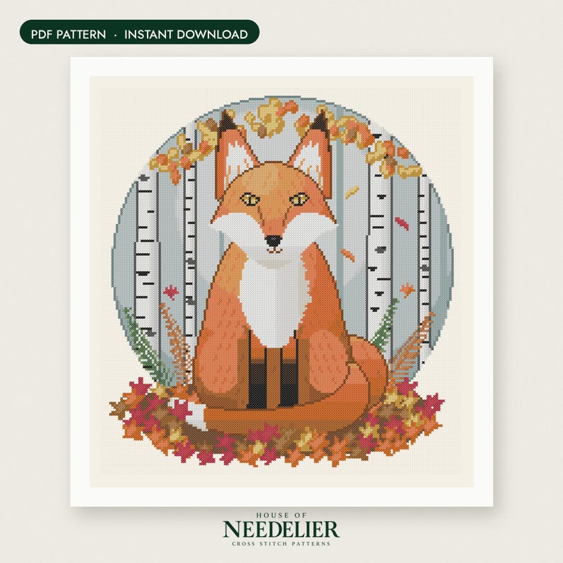 May include: A cross stitch pattern featuring a fox sitting in a forest of birch trees with autumn leaves. The design is circular and includes the text PDF PATTERN INSTANT DOWNLOAD at the top and HOUSE OF NEEDELIER CROSS STITCH PATTERNS at the bottom.