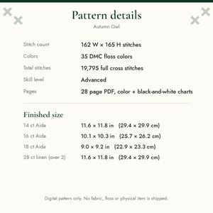 May include: A digital cross stitch pattern information sheet titled Autumn Owl. It lists 162 W x 165 H stitches, 35 DMC floss colors, 19,795 full cross stitches, advanced skill level, and a 28-page PDF with color and black-and-white charts.