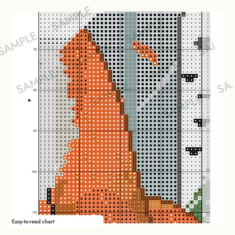 May include: A cross-stitch pattern chart featuring a grid with various symbols and colours, including orange, black, and grey. The chart displays numerical row markers from 70 to 110 and includes the text "SAMPLE" and "Easy-to-read chart".