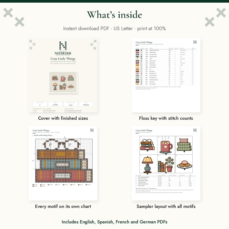 May include: A digital cross-stitch pattern titled Cozy Little Things, featuring four pages: a cover with finished sizes, a floss key with stitch counts, individual motif charts, and a sampler layout. The document is an instant download PDF.