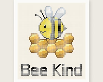 Puede incluir: Un patrón de punto de cruz con una abeja amarilla y negra sobre un panal dorado, con el texto Bee Kind en letras negras debajo. El diseño se presenta sobre un fondo de cuadrícula color crema claro con el texto PDF PATTERN INSTANT DOWNLOAD.