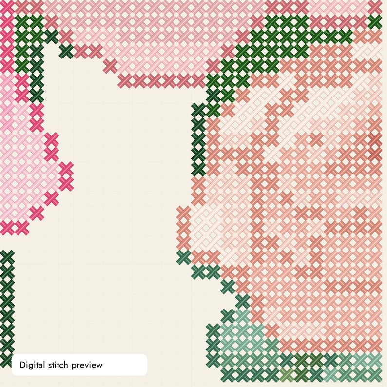 Puede incluir: Una vista previa digital de punto de cruz con una cuadr&iacute;cula de puntadas en forma de X en tonos rosa, melocot&oacute;n claro y verde oscuro. El dise&ntilde;o muestra una forma floral u org&aacute;nica parcial sobre un fondo crema con el texto Digital stitch preview.