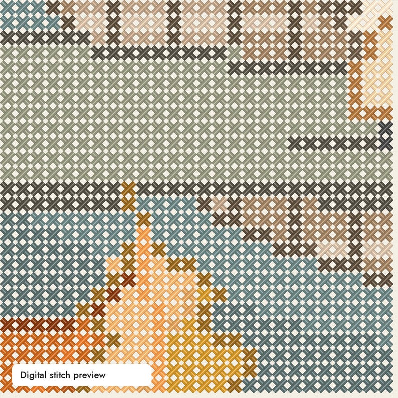 May include: A cross-stitch pattern featuring a grid of X-shaped stitches in shades of sage green, muted blue, tan, and brown. The design includes a central hand-like shape pointing upward, with the text Digital stitch preview in the bottom corner.