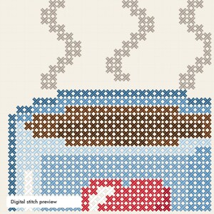 May include: A cross-stitch pattern featuring a blue mug with a brown rectangular center and a red heart at the base. Three light gray steam trails rise from the top of the mug. The image includes the text Digital stitch preview in the corner.