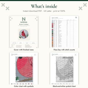 May include: A digital cross stitch pattern titled Winter Cardinal, featuring an instant download PDF with a cover page showing finished sizes, a floss key with stitch counts, a color chart with symbols, and a black-and-white symbol chart.