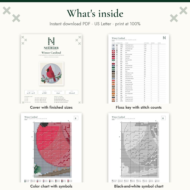 May include: A digital cross stitch pattern titled Winter Cardinal, featuring an instant download PDF with a cover page showing finished sizes, a floss key with stitch counts, a color chart with symbols, and a black-and-white symbol chart.