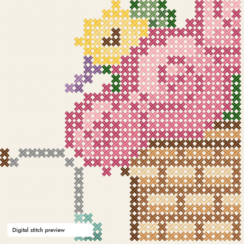 May include: A cross-stitch pattern featuring a bouquet of pink roses and a yellow flower emerging from a brown and tan woven basket. The design includes green leaves and a light blue stem. A white label at the bottom reads Digital stitch preview.