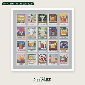 May include: A digital cross stitch pattern featuring a grid of twenty colourful pixel art cocktail illustrations, each labelled with its name, including Margarita, Mojito, Martini, Old Fashioned, Negroni, Cosmopolitan, Pi&ntilde;a Colada, and others.