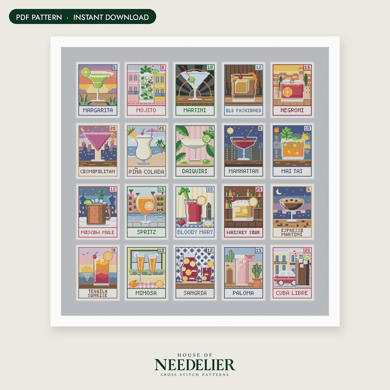 May include: A digital cross stitch pattern featuring a grid of twenty colourful pixel art cocktail illustrations, each labelled with its name, including Margarita, Mojito, Martini, Old Fashioned, Negroni, Cosmopolitan, Pi&ntilde;a Colada, and others.