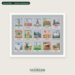 May include: A cross stitch pattern featuring fifteen rectangular postage stamp designs, each depicting a different country with iconic landmarks and symbols, including the Statue of Liberty, Eiffel Tower, and pyramids, set against a gray background.