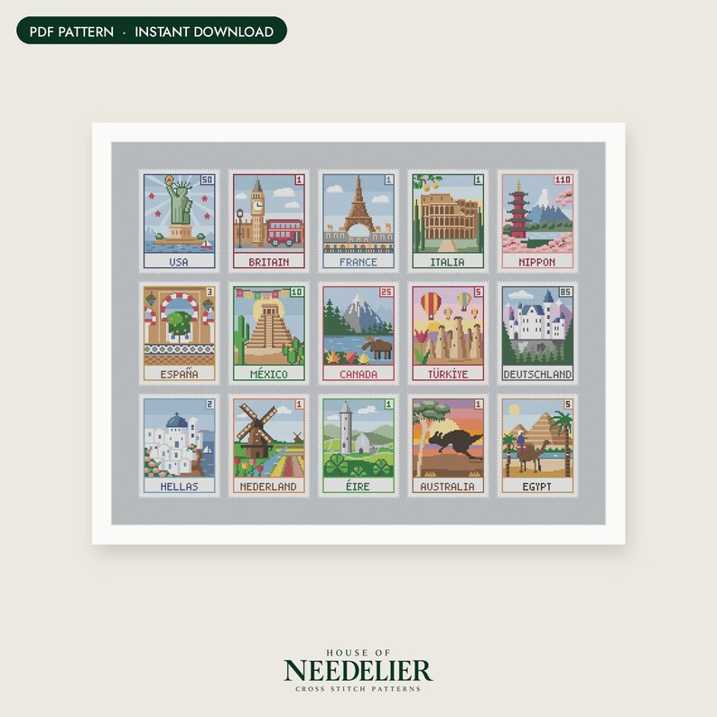May include: A cross stitch pattern featuring fifteen rectangular postage stamp designs, each depicting a different country with iconic landmarks and symbols, including the Statue of Liberty, Eiffel Tower, and pyramids, set against a gray background.