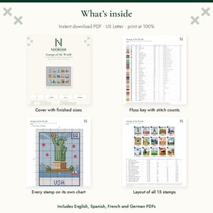 May include: A digital cross-stitch pattern set titled Stamps of the World by Needelier. Includes a cover page, a floss key with stitch counts, individual charts for 15 stamps, and a layout guide. The PDF is formatted for US Letter size printing.