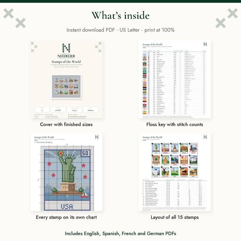 May include: A digital cross-stitch pattern set titled Stamps of the World by Needelier. Includes a cover page, a floss key with stitch counts, individual charts for 15 stamps, and a layout guide. The PDF is formatted for US Letter size printing.